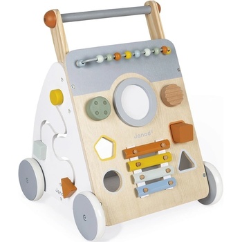 Janod Drevený vozík s viacnásobnou kolekciou Sweet Cocoon 9 aktivít farebné hračky pre deti chlapcov na prechádzky tiché kolieska 1 Jahr