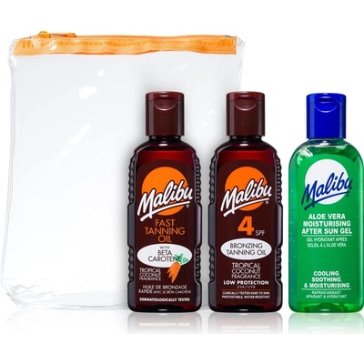 Malibu Travel Set Malibu Bronzing Tanning Oil hydratačný a bronzujúci sprej na opaľovanie 100 ml + Malibu After Sun chladivý gél po opaľovaní 100 ml + Malibu Fast Tanning Oil prípravok pre urýchlenie
