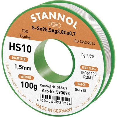 Stannol HS10 2510 spájkovací cín bez olova cievka Sn95,5Ag3,8Cu0,7 ROM1 100 g 1.5 mm