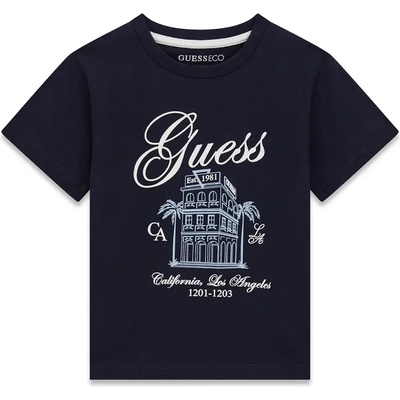 GUESS Тениска в тъмносин цвят за мини момче с бял надпис Guess и щампа на сграда