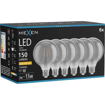 Mexen Vintis 6x Филаментна LED крушка E27, G95, 2W, Топла - 2200K, 150 lm, дим - L157-E27-0222-70x06 (L157-E27-0222-70x06)