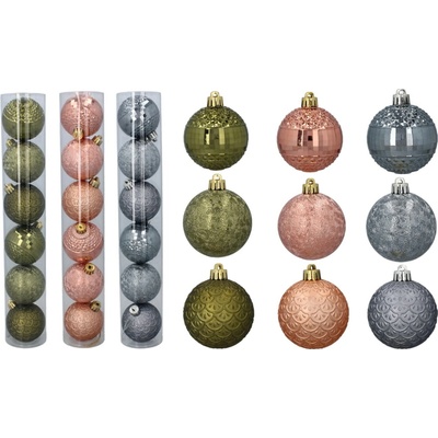 Pro-Tech shop Sada 6 lesklých a reliéfnych vianočných gúľ 6cm olivová / medená / grafitová mix vzorov v tube 69478