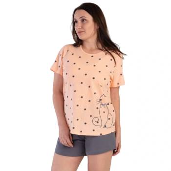 Image 1 of Макси дамска лятна пижама в цвят праскова и сиво с коте