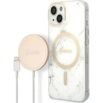 GUESS Комплект безжично зарядно устройство и кейс Guess GUBPP14MHMEACSH за iPhone 14 Plus 6.7"", бял / бял, твърд, съвместим с MagSafe, Marble (GUE002573-0)