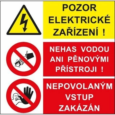 Pozor elektrické zařízení! Nehas vodou ani pěnovými přístroji! Nepovolaným vstup zakázán, Plast A3