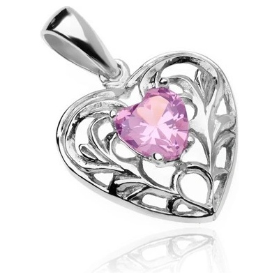 Šperky eshop Stříbrný přívěsek 925 zdobené srdce s růžovým zirkonovým srdíčkem O14.18