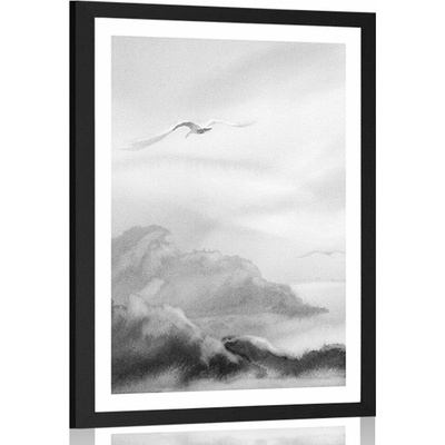 Plakát s paspartou přelet ptáků přes krajinku v černobílém provedení - 40x60 no frame
