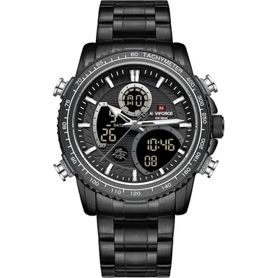 Naviforce Мъжки часовник NaviForce Chrome, Хронограф, Двойно Време, Неръждаема стомана , Черен / Черен (NAVIFORCE-9182-BLACK-BLACK)