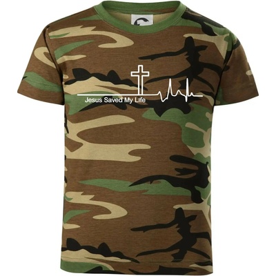 Jesus Saved My Life kříž ekg dětské maskáčové triko hnědý maskáč