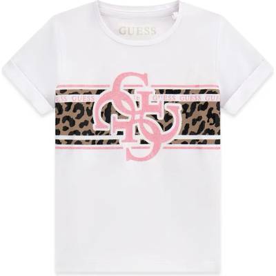 GUESS Бяла тениска за мини момиче с леопардови детайли и розово лого Guess
