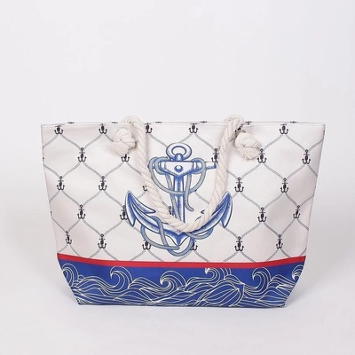 Плажна чанта в цвят екрю и синьо с корабно въже и котва