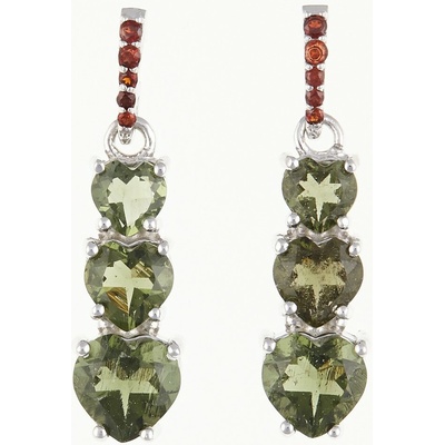 My Moldavite Stříbrné náušnice s vltavíny a granáty srdce 228G-2
