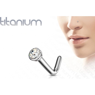Šperky eshop piercing do nosu z titanu se zahnutým koncem čirý kulatý zirkon v objímce W28.13