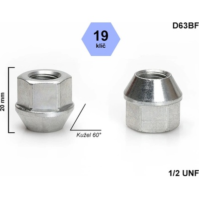 Kolová matice 1/2 UNF kužel otevřená, klíč 19, D63BF, výška 20