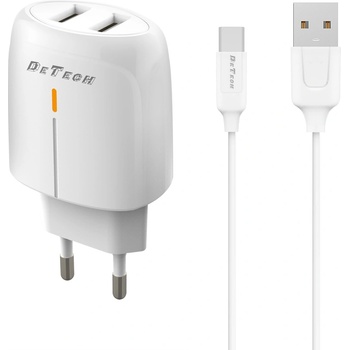 DeTech Мрежово зарядно устройство DeTech DE-32QCC, 18W, С Type-C кабел, 2 x USB F, QC, Бял - 40327 (40327)