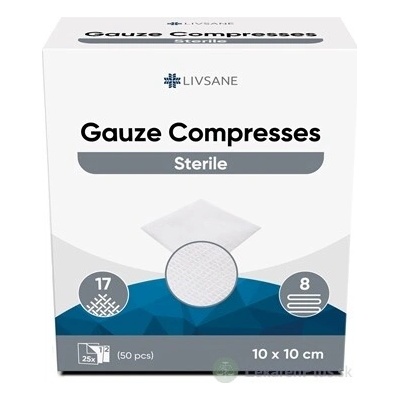 LIVSANE Sterilné gázové tampóny kompres 10x10 cm , 25x2 (50 ks)