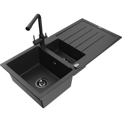 Mexen Andres гранитна мивка с 1, 5 камери с отцедник и кухненски смесител Duero, черен/сребърен - 6515-73-671600-70-B (6515-73-671600-70-B)