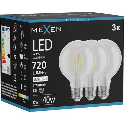 Mexen Vintis 3x филаментна LED крушка E27, G80, 6W, неутрална - 4000K, 720 lm, прозрачна (L155-E27-0640-00x03)