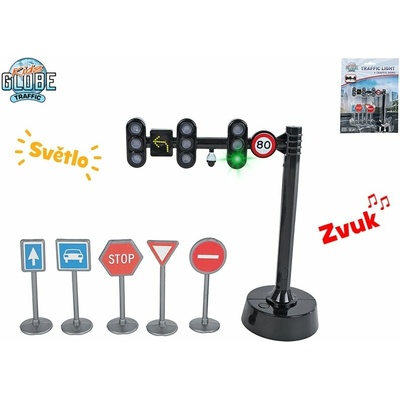 Kids Globe Traffic sada dopravných značiek + semafor 11,5 cm na batérie so svetlom a zvukom