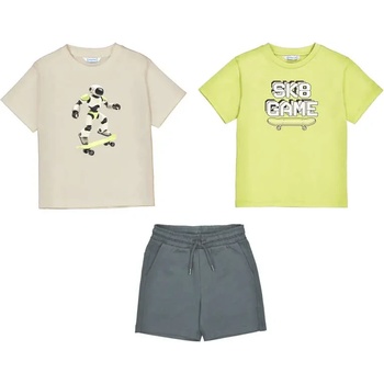 Mayoral Комплект SK8 Game с робот тениски в жълтозелен и бежов цвят и сиви панталонки за мини момче Mayoral