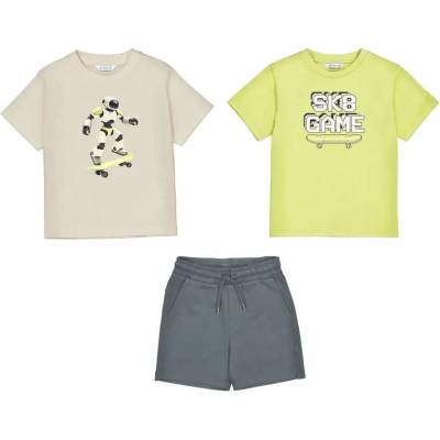 Mayoral Комплект SK8 Game с робот тениски в жълтозелен и бежов цвят и сиви панталонки за мини момче Mayoral