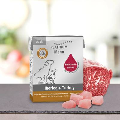 PLATINUM Menu Adult Iberico + Turkey - Премиум мокра храна с иберийско свинско и пуешко месо за кучета 185гр