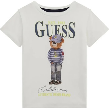 GUESS Бяла тениска с къс ръкав за мини момче с мече отпред и надписи Guess