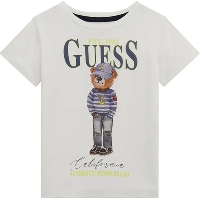 GUESS Бяла тениска с къс ръкав за мини момче с мече отпред и надписи Guess