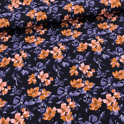 Bavlněný úplet TEPLÁKOVINA 5847-001, modré a rezavé květy, š.145cm (látka v metráži)