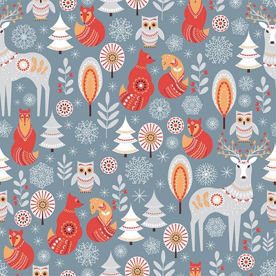 Látka s potlačou nepremokavý polyester TD/NS winter animals grey