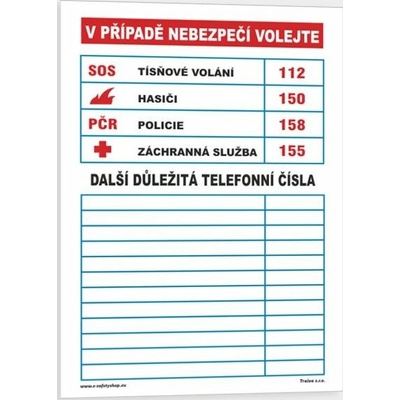 Traiva s.r.o Důležitá telefonní čísla Verze: Samolepka 74 x 105 mm tl. 0.1 mm - Kód: 00474