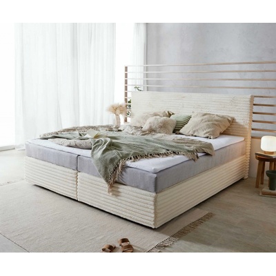 Delife Dream-Well plyšový manšestr beige s taštičkovou pružinovou matrací a topperem visco