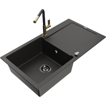 Mexen Leo гранитна мивка с 1 отделение с отцедник и кухненски смесител Flora, черен/златен металик - 6501-75-670401-57-B (6501-75-670401-57-B)