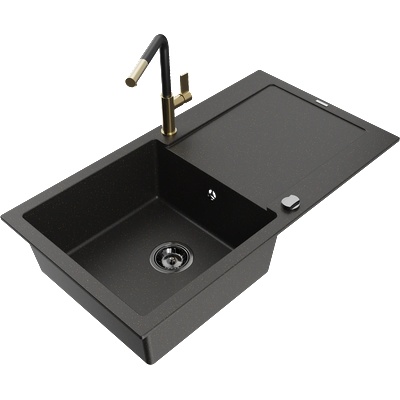 Mexen Leo гранитна мивка с 1 отделение с отцедник и кухненски смесител Flora, черен/златен металик - 6501-75-670401-57-B (6501-75-670401-57-B)