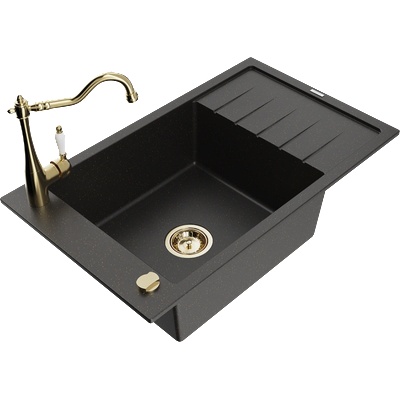 Mexen Elias гранитна мивка 1-камерна с отцедник и кухненски смесител Carla, черен/златен металик - 6511-75-670700-50 (6511-75-670700-50)