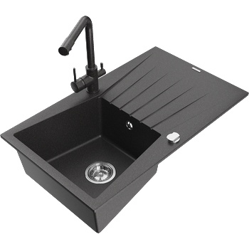 Mexen Cesar гранитна мивка с 1 корито с отцедник и кухненски смесител Duero, черен на пръски - 6514-76-671600-76 (6514-76-671600-76)