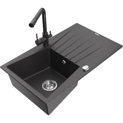 Mexen Cesar гранитна мивка с 1 корито с отцедник и кухненски смесител Duero, черен на пръски - 6514-76-671600-76 (6514-76-671600-76)