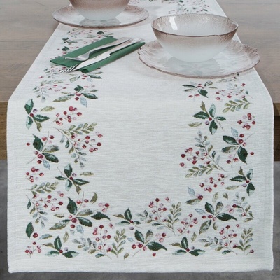 Takoy Vánoční běhoun v přírodní a zelené barvě 45x140 cm, žinylkový, tkaný se zimním motivem-HF-482409 | 45 x 140 cm