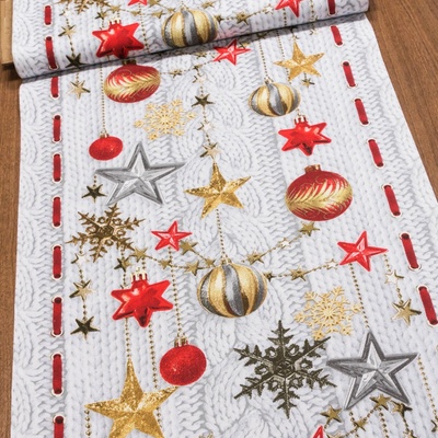 Bavlněné plátno vánoční / štola na metráž 503024 30044, šedé hvězdy a červené dekorace na šedé pletenině, š. 50cm (látka v metráži)