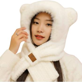 HARAHU Плетена качулка с шал и ушички - Бяла kp36922 (36922)