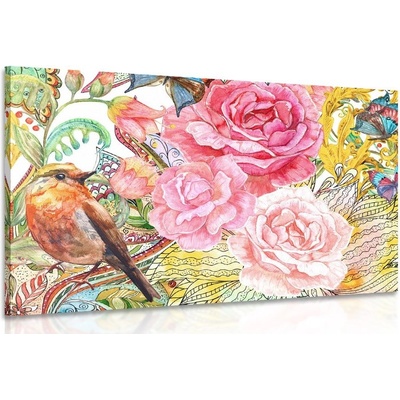 Obraz vintage ptáček s květinami - 150x100