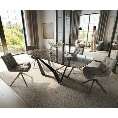 DELIFE Edge oválný 180-220 x 100 cm keramika Emperador Extra Lucidato tmavě hnědá Spider plochá ocel nerezová ocel grafit