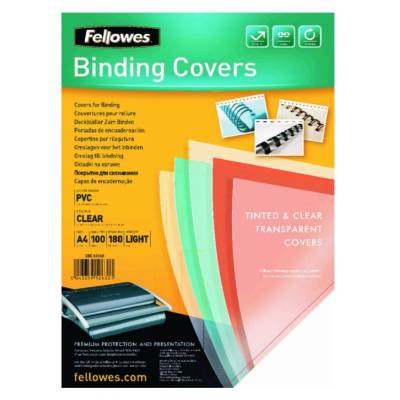 Корици Fellowes A4, Пластмасови, 180 микрона, Прозрачни, 100 бр/комп (5375901)
