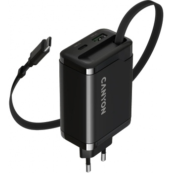 CANYON Захранващ адаптер CANYON OnCharge 65RC, 65W USB-C/USB-A, GaN Technology, Power Delivery, Quick Charge, Вграден кабел - CNS-CURC65ACB (CNS-CURC65ACB)