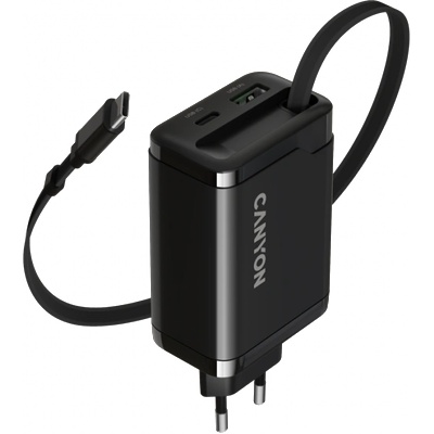 CANYON Захранващ адаптер CANYON OnCharge 65RC, 65W USB-C/USB-A, GaN Technology, Power Delivery, Quick Charge, Вграден кабел - CNS-CURC65ACB (CNS-CURC65ACB)