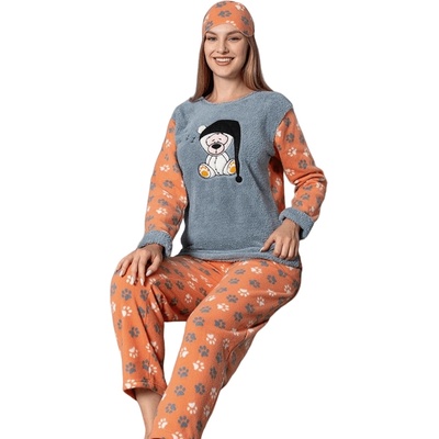 Дамска поларена пижама в оранжево и сиво с мече и лапички