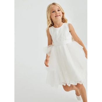 Abel & Lula Бяла рокля за мини момиче с коланче и нежна дантела Abel&Lula