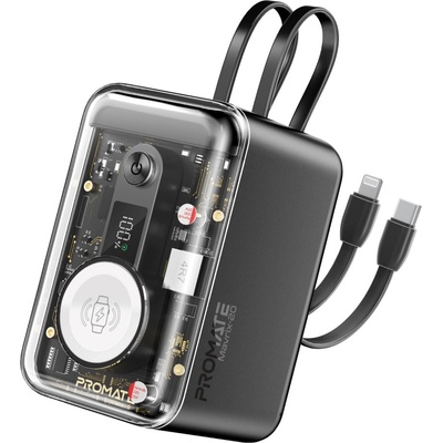 Promate Външна батерия ProMate, Mavrix-20. Black 20000mAh Transparent Power bank w/ built-in USB-C and Lightning Cable, 18W USB-A, 65WPD USB-C Input/Output , 3W Apple Watch Charger, LED Display 21700 EV battery, 5000/4 - Черна