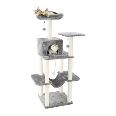 Freedog Rascador Tatras - Модерна катерушка за котки с няколко поста за криеница и игра + плюшени топки, 50 x 50 x 153 см. - сива