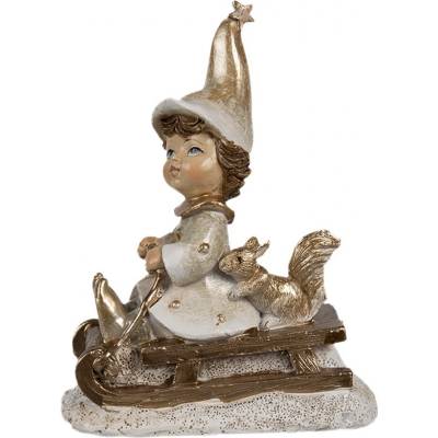 Clayre & Eef Béžovo-zlatá dekorace děvčátko skřítek s veverkou na sáních - 8*4*10 cm